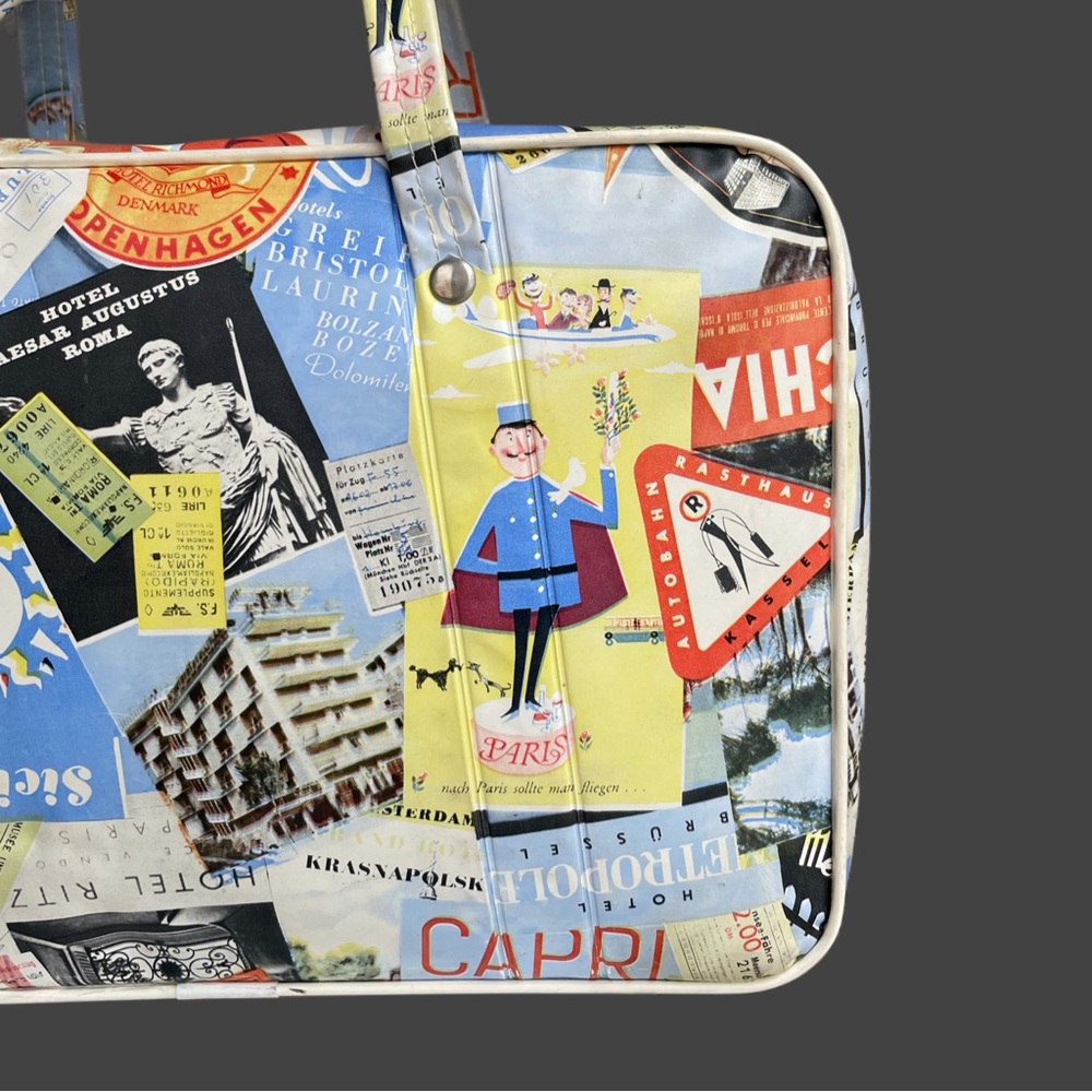 VINTAGE 60s 70s Travel Sticker Stamp Cooler Bag Luggage Style Insulated Bag - Picture 9 of 12